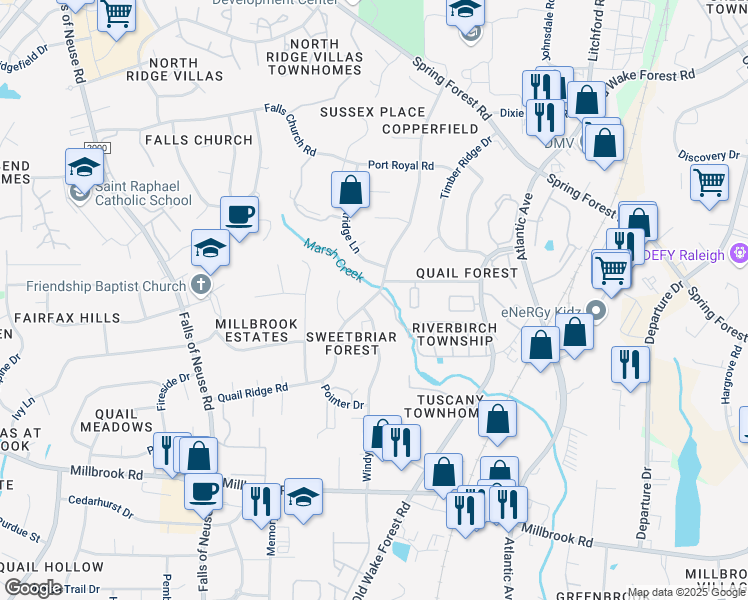 map of restaurants, bars, coffee shops, grocery stores, and more near 1821 Quail Ridge Road in Raleigh