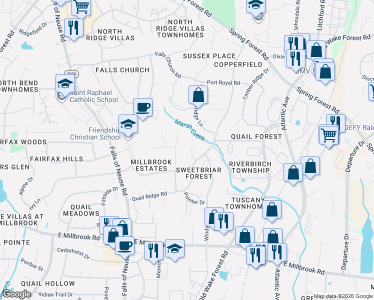 map of restaurants, bars, coffee shops, grocery stores, and more near 5327 Covey Court in Raleigh