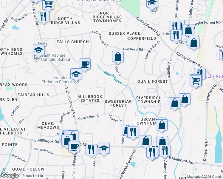 map of restaurants, bars, coffee shops, grocery stores, and more near 5327 Covey Court in Raleigh