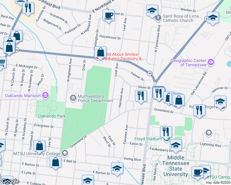 map of restaurants, bars, coffee shops, grocery stores, and more near 1103 Leaf Avenue in Murfreesboro