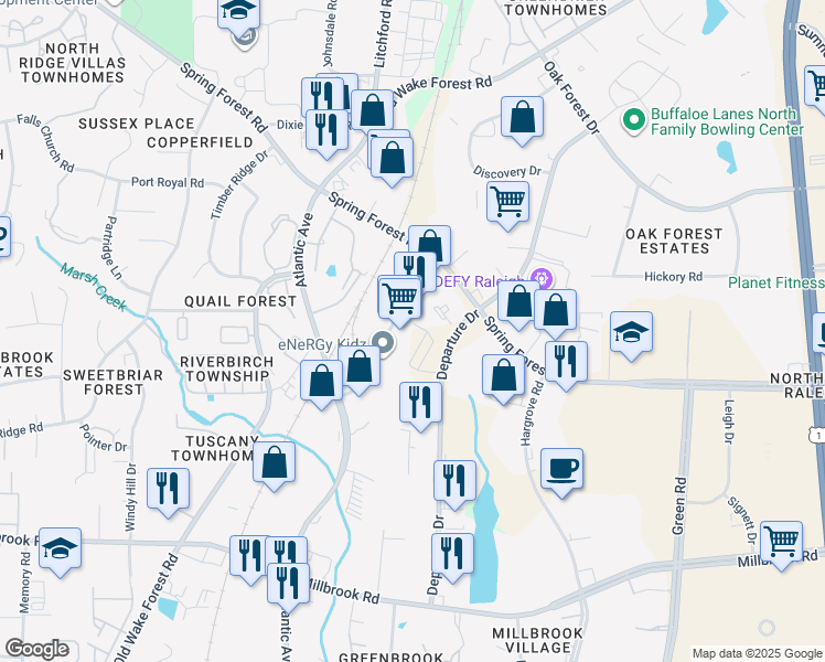 map of restaurants, bars, coffee shops, grocery stores, and more near 5500 Atlantic Springs Rd in Raleigh