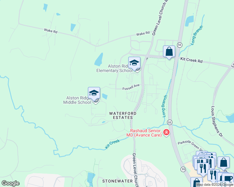 map of restaurants, bars, coffee shops, grocery stores, and more near 11427 Green Level Church Road in Cary