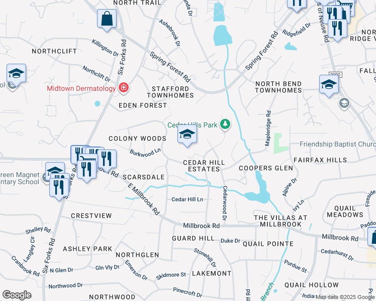 map of restaurants, bars, coffee shops, grocery stores, and more near 400 Cedarview Court in Raleigh