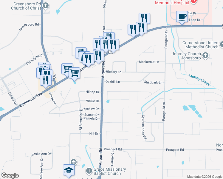 map of restaurants, bars, coffee shops, grocery stores, and more near 4111 Oakhill Lane in Jonesboro