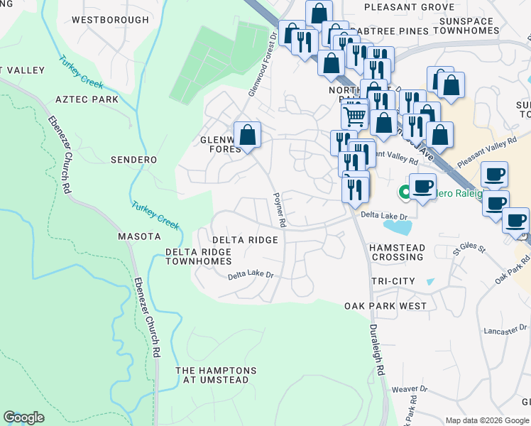 map of restaurants, bars, coffee shops, grocery stores, and more near 5754 Corbon Crest Lane in Raleigh