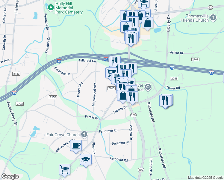 map of restaurants, bars, coffee shops, grocery stores, and more near 199 Crestway Drive in Thomasville