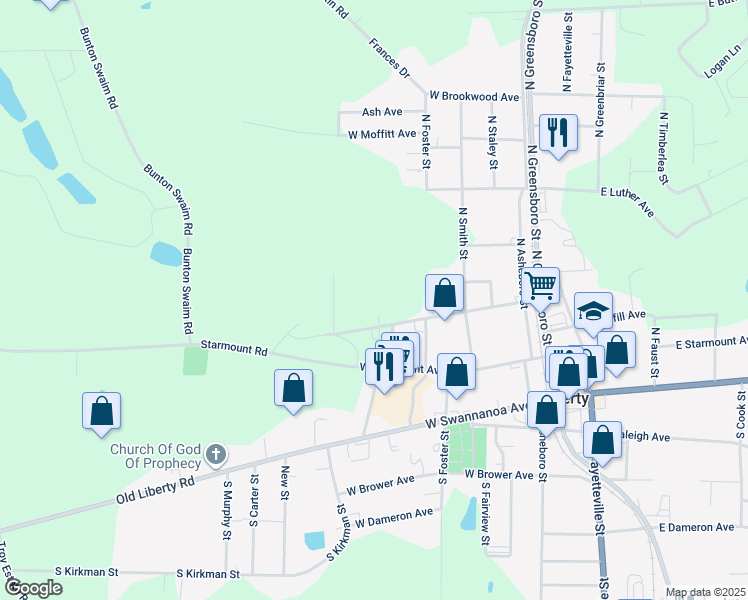 map of restaurants, bars, coffee shops, grocery stores, and more near 516 West Bowman Avenue in Liberty