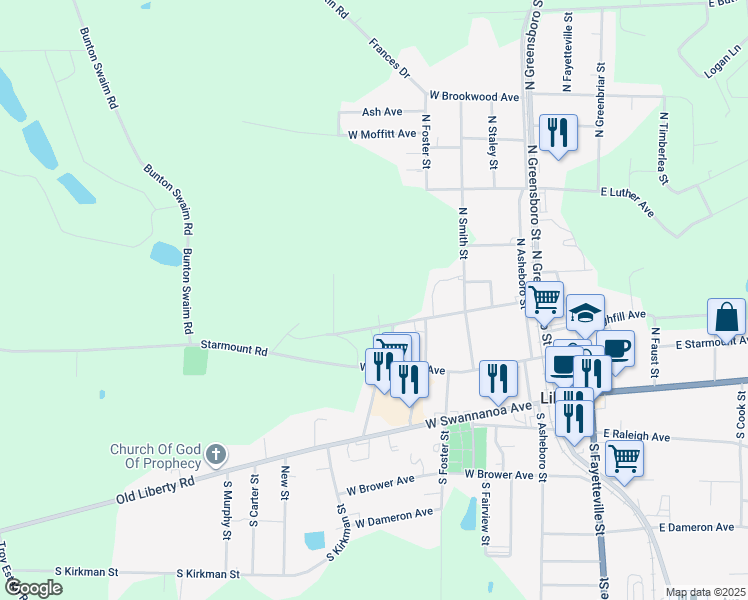 map of restaurants, bars, coffee shops, grocery stores, and more near 516 West Bowman Avenue in Liberty