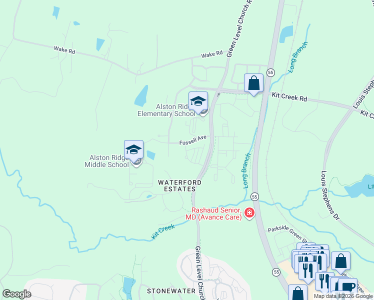 map of restaurants, bars, coffee shops, grocery stores, and more near 11427 Green Level Church Road in Cary