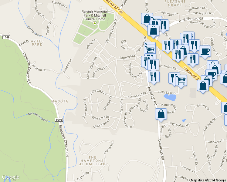 map of restaurants, bars, coffee shops, grocery stores, and more near 5754 Corbon Crest Lane in Raleigh