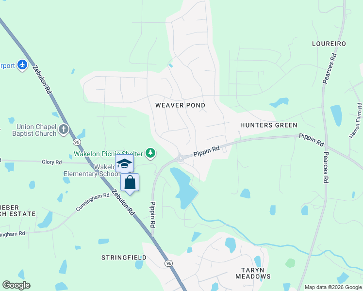 map of restaurants, bars, coffee shops, grocery stores, and more near 2402 Cattail Pond Drive in Zebulon