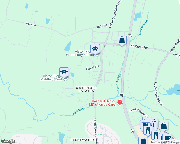 map of restaurants, bars, coffee shops, grocery stores, and more near 11427 Green Level Church Road in Cary