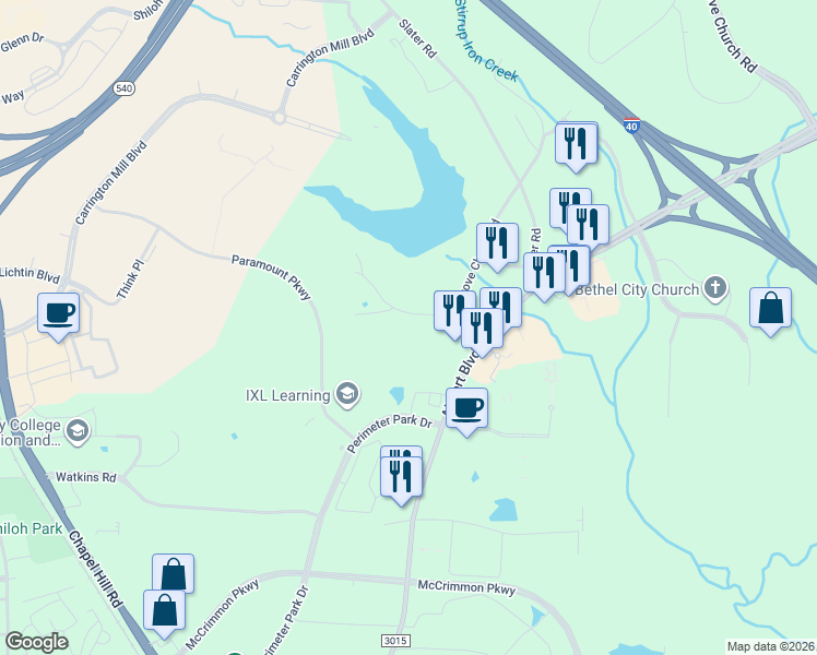 map of restaurants, bars, coffee shops, grocery stores, and more near 110 Marcom Drive in Morrisville