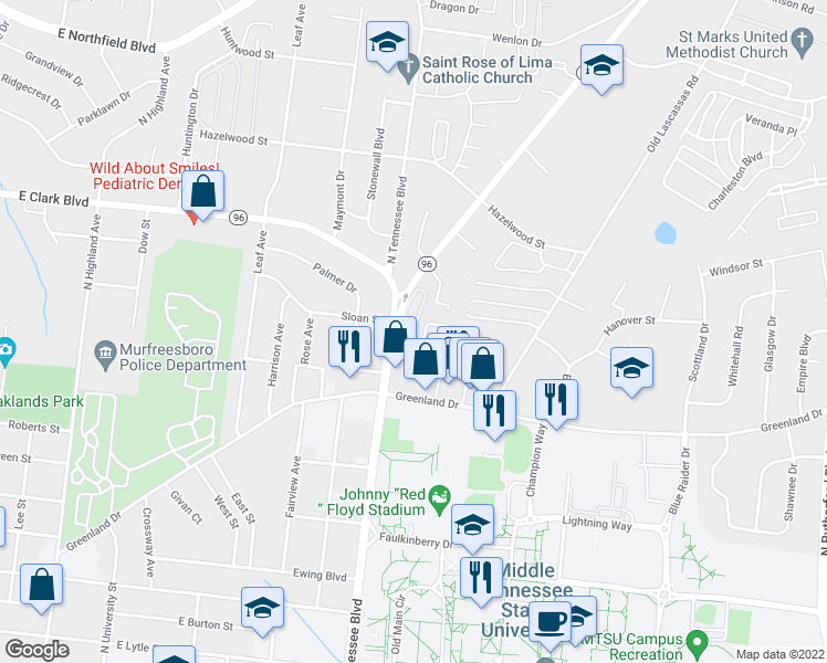 map of restaurants, bars, coffee shops, grocery stores, and more near 2850 Middle Tennessee Boulevard in Murfreesboro