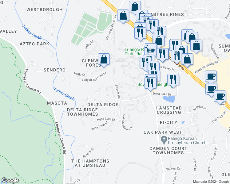 map of restaurants, bars, coffee shops, grocery stores, and more near 5732 Corbon Crest Lane in Raleigh