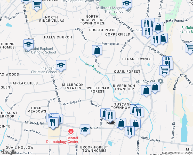 map of restaurants, bars, coffee shops, grocery stores, and more near 5308 Covey Court in Raleigh