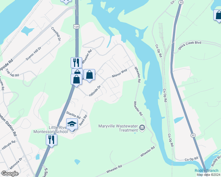 map of restaurants, bars, coffee shops, grocery stores, and more near Red Hill Drive in Louisville