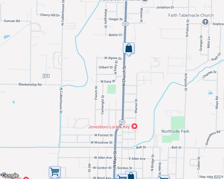 map of restaurants, bars, coffee shops, grocery stores, and more near 1215 North Main Street in Jonesboro