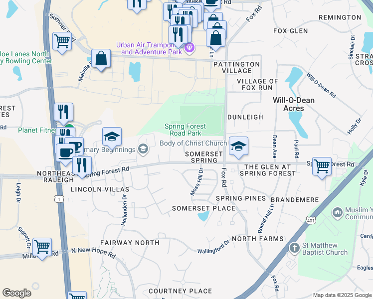 map of restaurants, bars, coffee shops, grocery stores, and more near 4112 Mardela Spring Drive in Raleigh