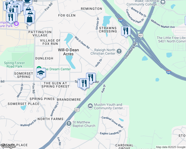 map of restaurants, bars, coffee shops, grocery stores, and more near 5001 Spring Forest Road in Raleigh