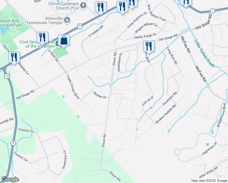map of restaurants, bars, coffee shops, grocery stores, and more near 12957 Meadow Pointe Lane in Knoxville