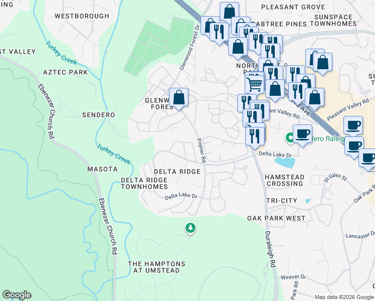map of restaurants, bars, coffee shops, grocery stores, and more near 5745 Clearbay Lane in Raleigh