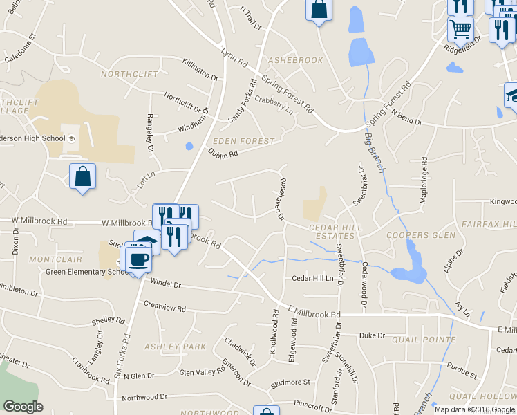 map of restaurants, bars, coffee shops, grocery stores, and more near 5604 Maram Court in Raleigh