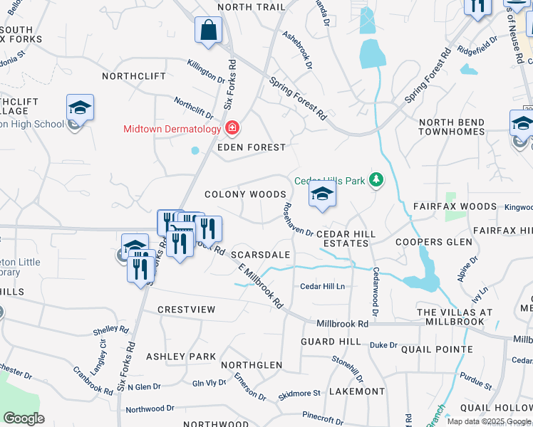 map of restaurants, bars, coffee shops, grocery stores, and more near 5604 Maram Court in Raleigh