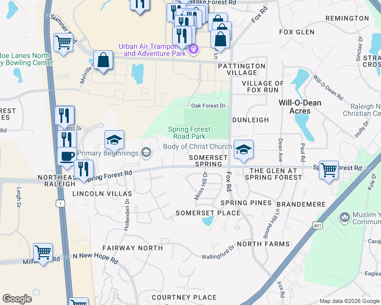 map of restaurants, bars, coffee shops, grocery stores, and more near 4112 Mardela Spring Drive in Raleigh