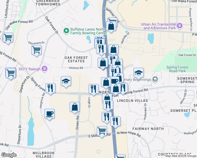 map of restaurants, bars, coffee shops, grocery stores, and more near 5225 U.S. 1 in Raleigh