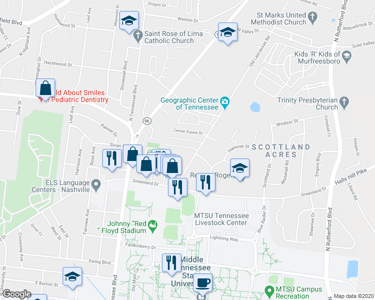 map of restaurants, bars, coffee shops, grocery stores, and more near 1514 Middleborough Court in Murfreesboro