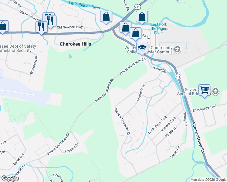 map of restaurants, bars, coffee shops, grocery stores, and more near 1545 Ernest McMahan Road in Sevierville