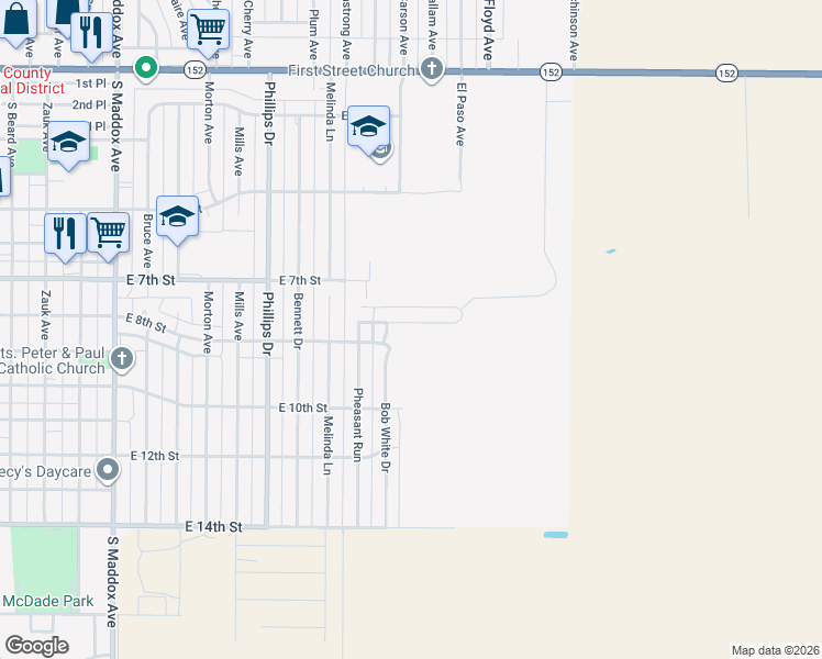 map of restaurants, bars, coffee shops, grocery stores, and more near Northridge Street in Dumas