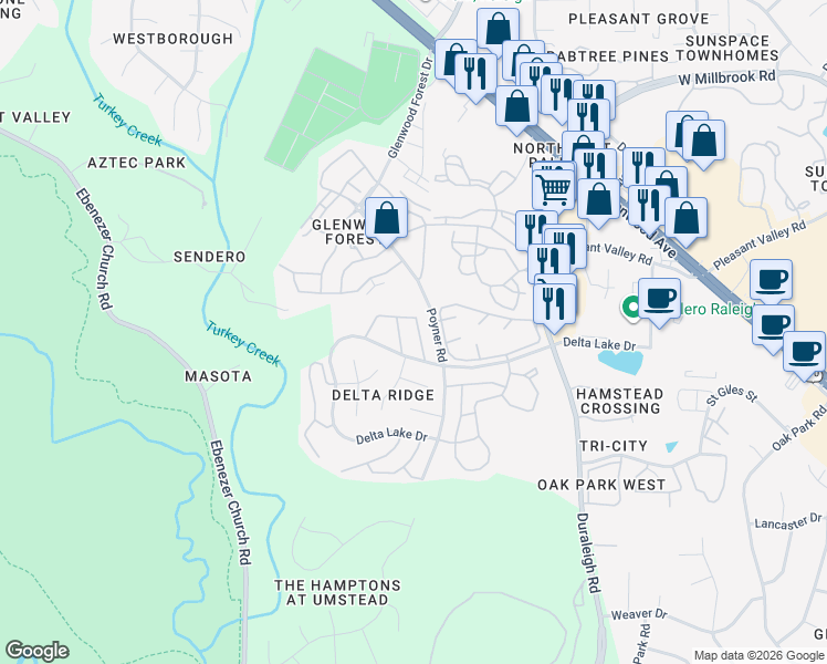 map of restaurants, bars, coffee shops, grocery stores, and more near 5754 Corbon Crest Lane in Raleigh
