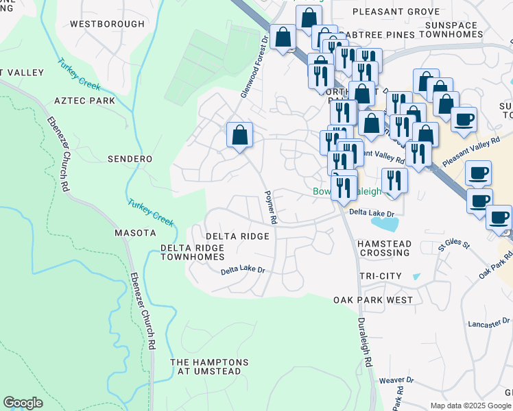 map of restaurants, bars, coffee shops, grocery stores, and more near 5743 Corbon Crest Lane in Raleigh