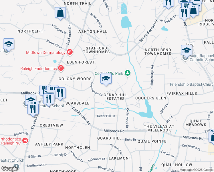 map of restaurants, bars, coffee shops, grocery stores, and more near 400 Cedarview Court in Raleigh