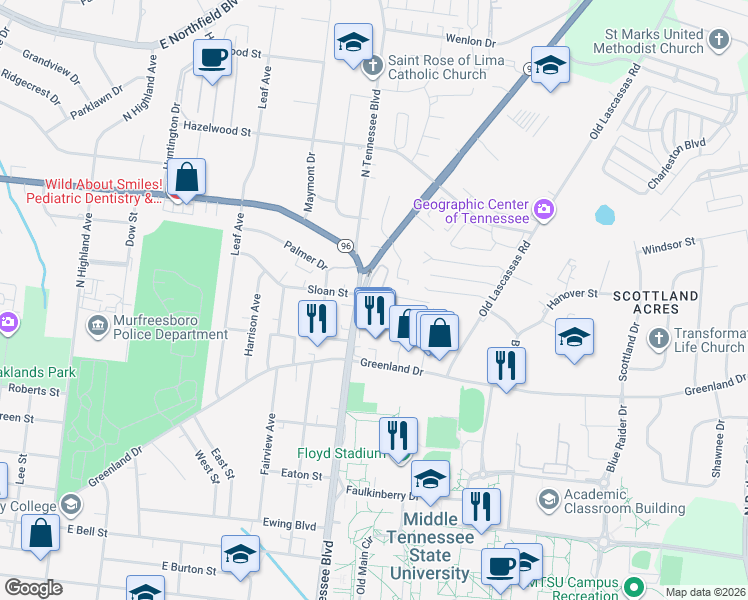 map of restaurants, bars, coffee shops, grocery stores, and more near 2911 Middle Tennessee Boulevard in Murfreesboro