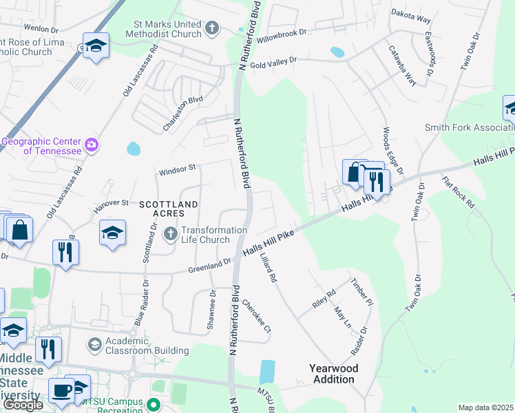 map of restaurants, bars, coffee shops, grocery stores, and more near 2202 Keegan Drive in Murfreesboro