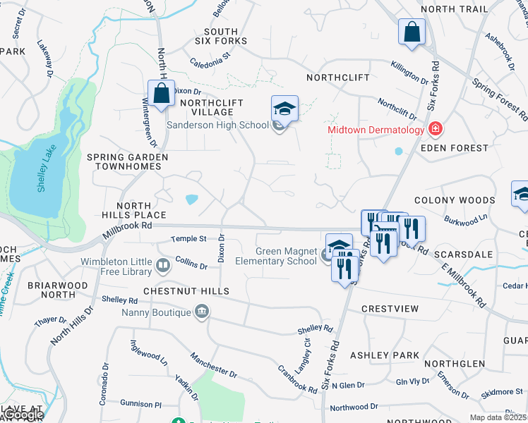 map of restaurants, bars, coffee shops, grocery stores, and more near 408 Snelling Road in Raleigh
