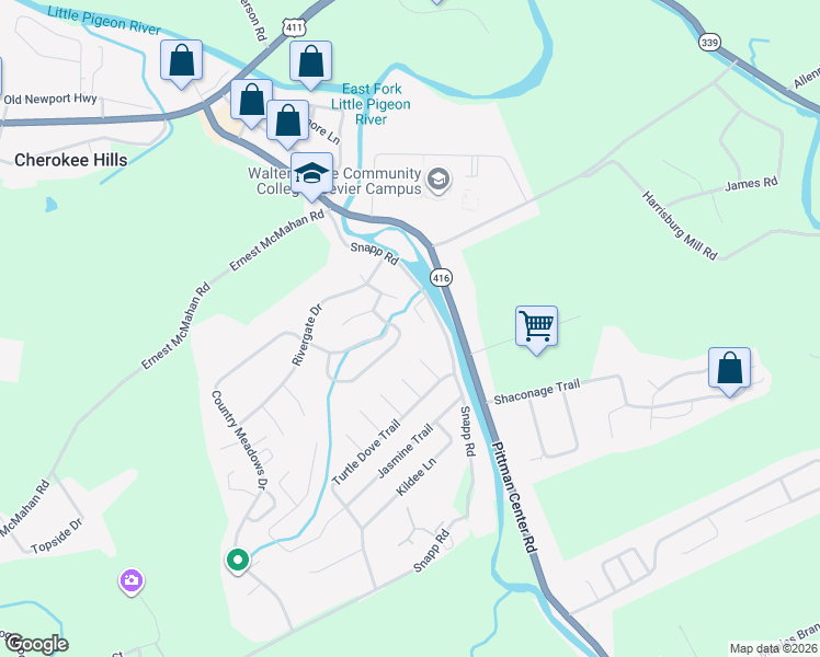 map of restaurants, bars, coffee shops, grocery stores, and more near 1514 River Colony Court in Sevierville