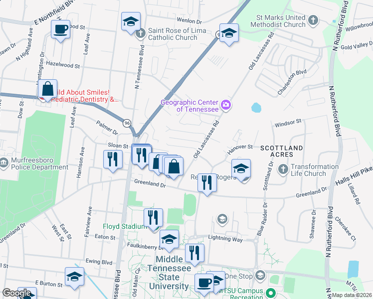 map of restaurants, bars, coffee shops, grocery stores, and more near 1459 Middleborough Court in Murfreesboro