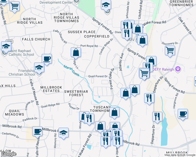 map of restaurants, bars, coffee shops, grocery stores, and more near 2026 Quail Forest Drive in Raleigh