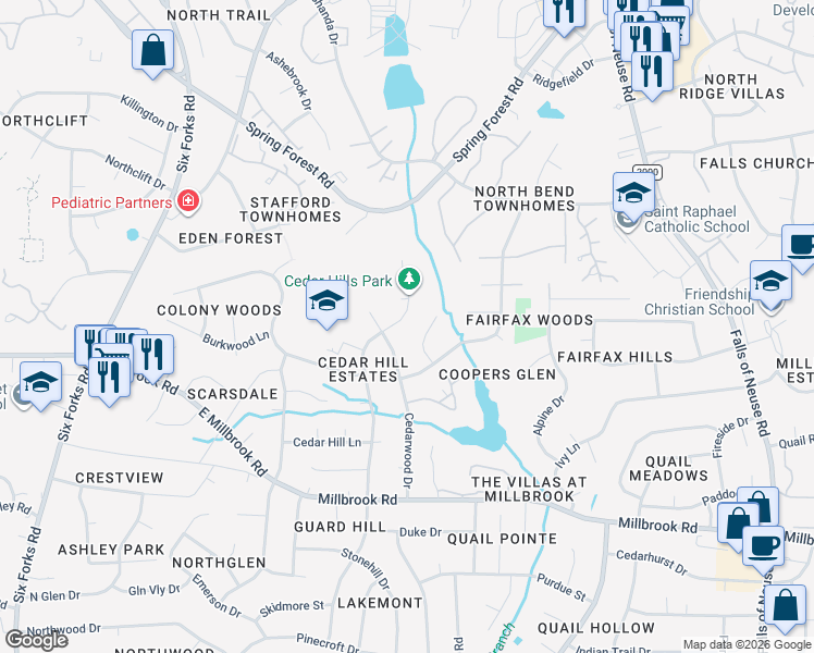 map of restaurants, bars, coffee shops, grocery stores, and more near 5516 Sweetbriar Drive in Raleigh