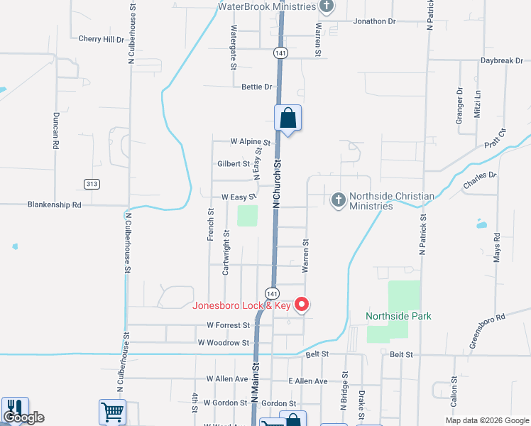 map of restaurants, bars, coffee shops, grocery stores, and more near 1311 North Church Street in Jonesboro