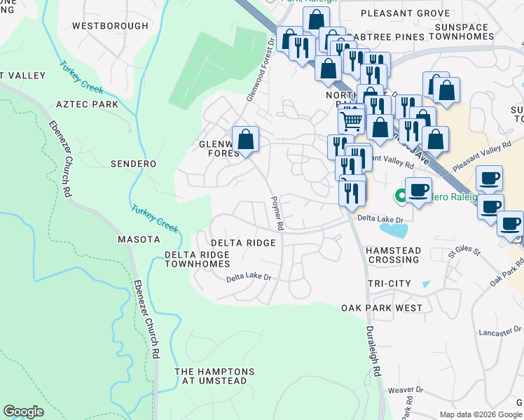 map of restaurants, bars, coffee shops, grocery stores, and more near 5745 Clearbay Lane in Raleigh