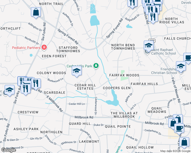 map of restaurants, bars, coffee shops, grocery stores, and more near 5516 Sweetbriar Drive in Raleigh