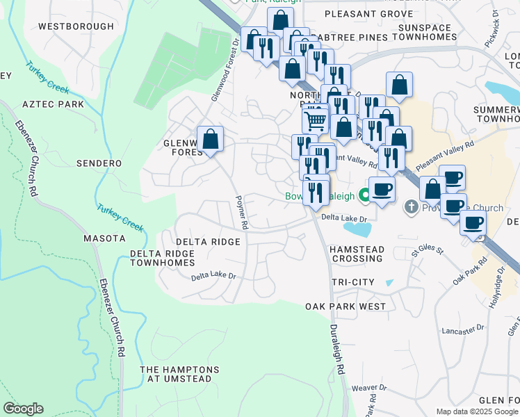 map of restaurants, bars, coffee shops, grocery stores, and more near 4610 Tournament Drive in Raleigh