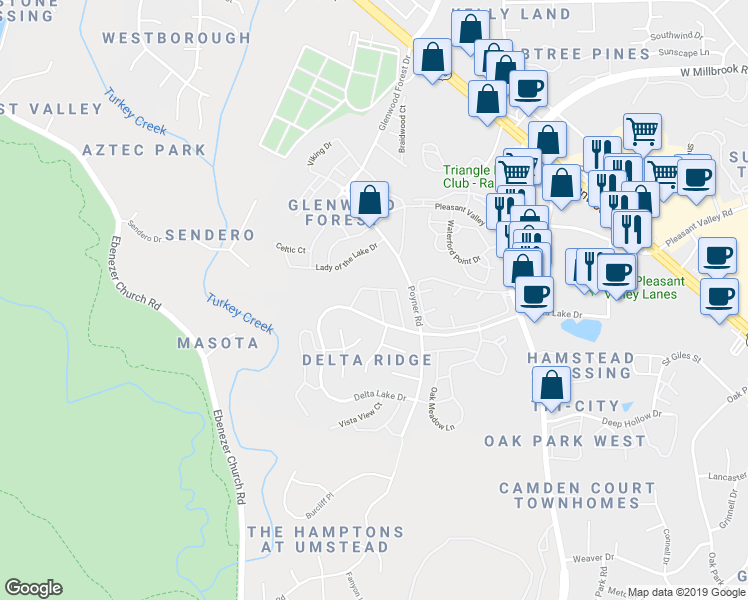 map of restaurants, bars, coffee shops, grocery stores, and more near 5745 Clearbay Lane in Raleigh