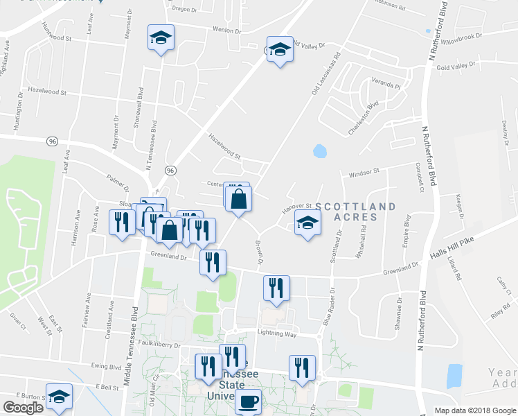 map of restaurants, bars, coffee shops, grocery stores, and more near 1214 Old Lascassas Road in Murfreesboro