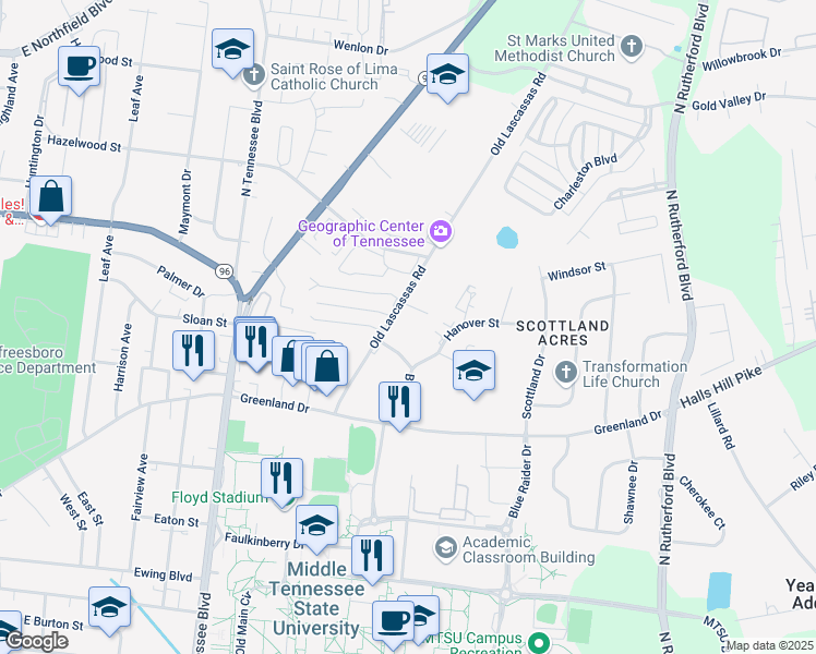 map of restaurants, bars, coffee shops, grocery stores, and more near 1203 Old Lascassas Road in Murfreesboro